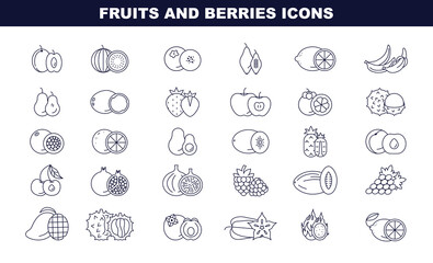 Fruits and berries black and white icons set. Simple line symbol of fresh