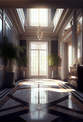 Stunning interior design, marble floor, High ceilings, High glass windows, Generative AI