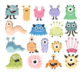 Set with cartoon monsters. Colorful flat vector illustration. Hand drawing for children. baby design for prints, posters, cards