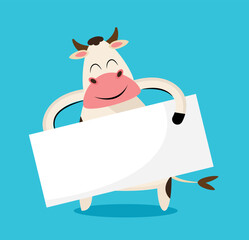 Cute cow holding blank banner	vector illustration
