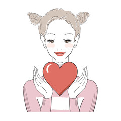 バレンタインデー　ツインお団子ヘアの女性