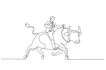 Fototapeta na wymiar businessman riding on the bull working in stock market trading. Single continuous line art style