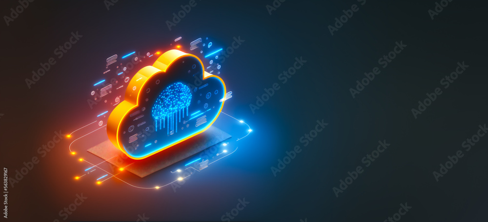 Wall mural glowing cloud icon technology concept, exploded panel with cloud services and data protection, artif