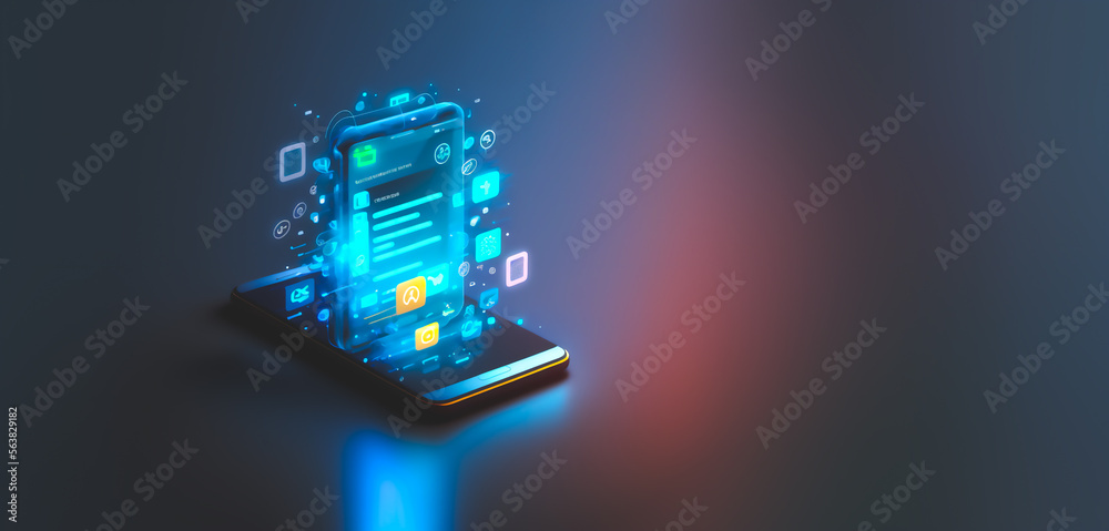Wall mural smartphone technology concept, exploded panel with cloud services and data protection, artificial in