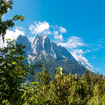 Landscape scenery of the mountain Zugspitze in summer. landscape with blue sky