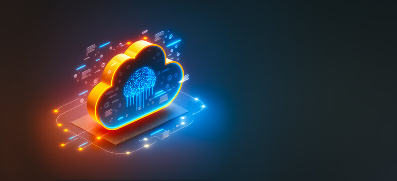 Glowing Cloud icon technology concept, exploded panel with cloud services and data protection, artificial intelligence information processing,  Generative AI