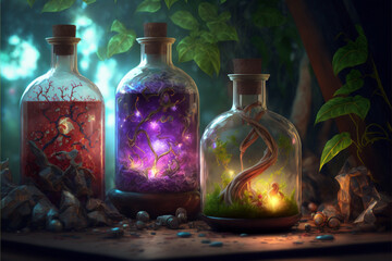 c, frascos de mesa de mago com maravilhosos pergaminhos de plantas, garrafas de poção, luz mágica