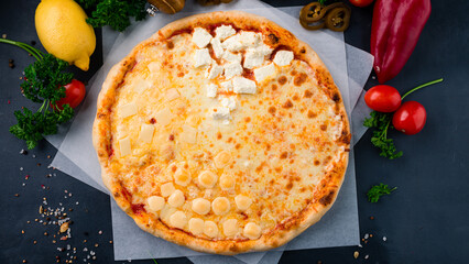 Italian cuisine pizza with different types of cheeses.