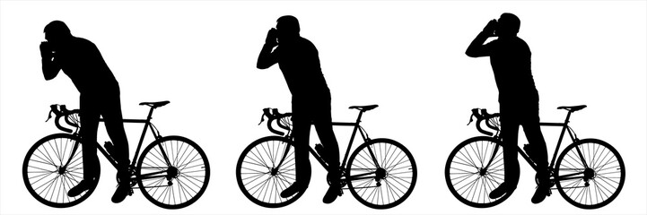 The cyclist holds on to the handlebars of the bicycle with one hand, the other hand near the face, calls for help, shouts into the distance, and bends forward with the body. Side view, profile.