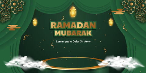 Ramadan banner arabian style on green color. Premium islamic background for muslim event. Decoration muslim culture festival