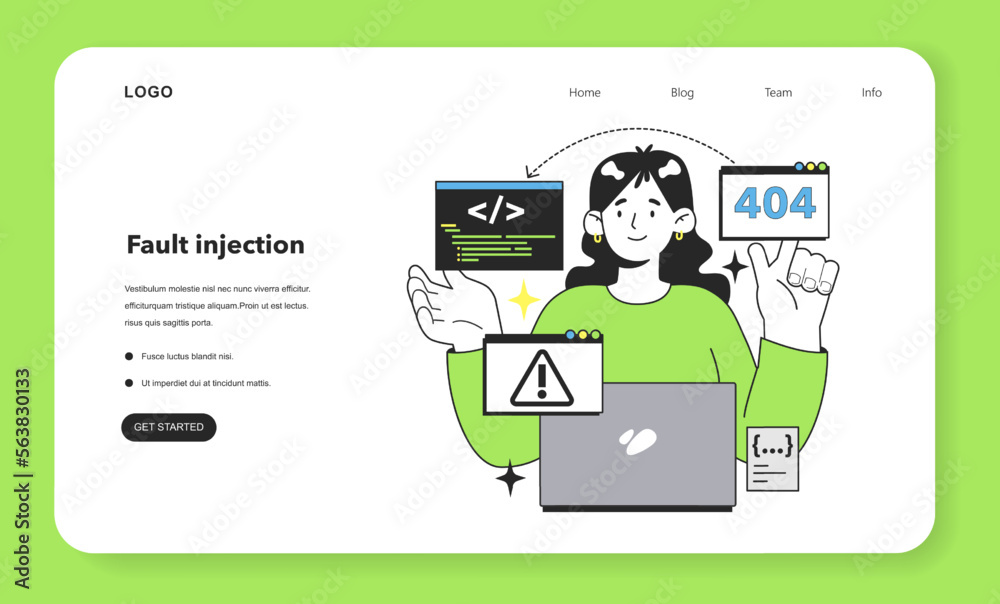 Poster fault injection web banner or landing page. software testing methodology.