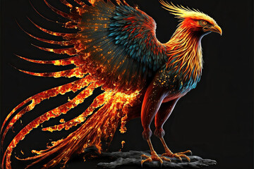 Fototapeta premium magical phoenix fire bird burst into flames, Generative AI