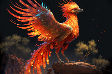 Fototapeta premium fantasy phoenix fire bird standing on a rock, Generative AI