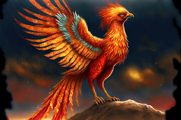lovely phoenix fire bird standing on a rock, Generative AI