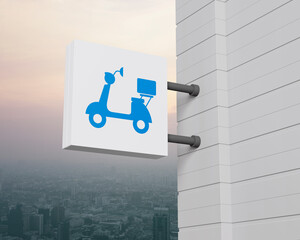 Motorcycle icon on hanging white square signboard over city tower and skyscraper at sunset sky, vintage style, Business delivery service concept, 3D rendering