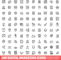 100 digital marketing icons set. Outline illustration of 100 digital marketing icons vector set isolated on white background