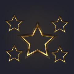 Set of premium stars in vector, illustration style, modern gold stars icon, symbol, mark and object. Gradient gold star shapes on a black background.