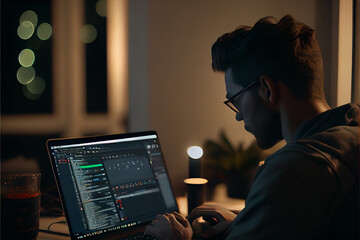 Man coding at laptop shot from back.