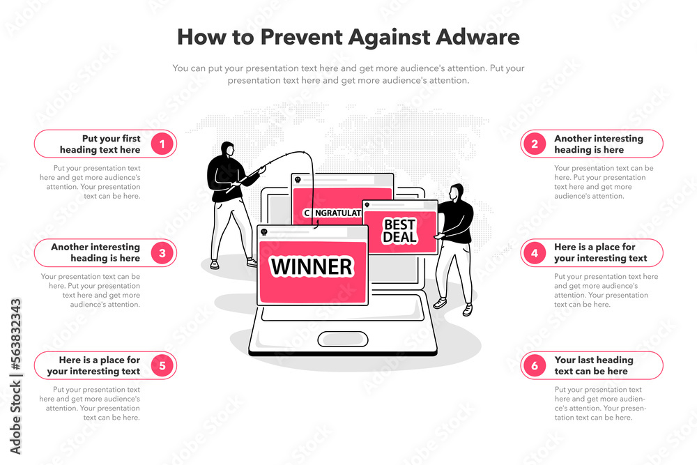Aufkleber Simple infographic template for how to prevent against adware. 6 stages template with a laptop and and popup advertising windows as a main symbol.