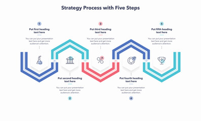 Strategy process template with five colorful steps. Simple flat template for data visualization.