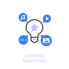 Simple visualised content marketing icon symbol with a light bulb and social media channels.