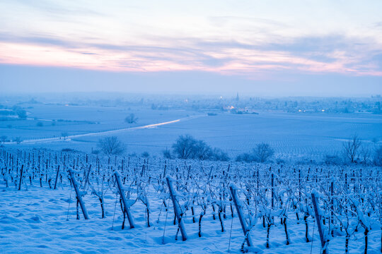 schneelandschaft mit dorf und weinberg