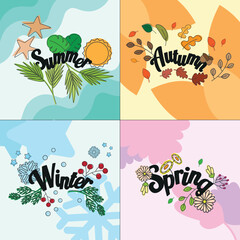 Season names inscriptions and icons. Four seasons symbols.