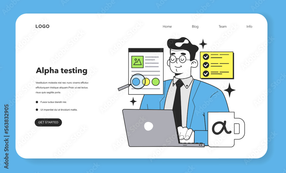 Poster alpha testing technique web banner or landing page. software testing