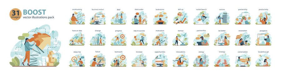 Boost big set. Business growth or improvement concepts collection.