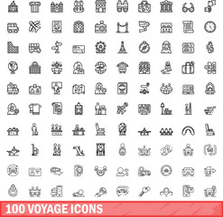 100 voyage icons set. Outline illustration of 100 voyage icons vector set isolated on white background