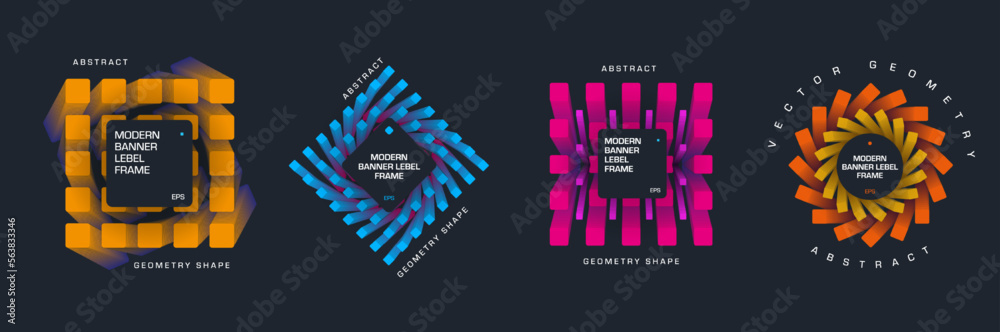 Poster vector abstract banners with geometric shapes, bright colored elements, volumetric frame for text, e