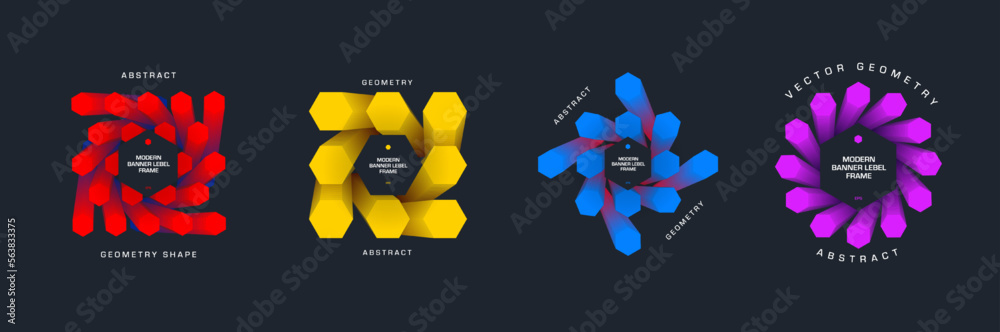 Poster label vector illustration, abstract banners with bright color design, gradient hexagons in geometric