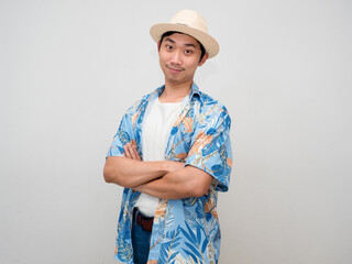 Positive traveler asian man beach shirt smile portrait isolated