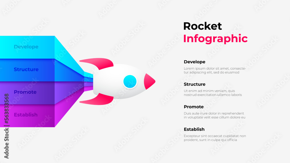 Poster concept of 4 steps to start work project. infographic design template. rocket illustration