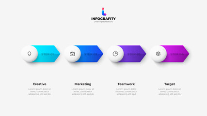 Horizontal progress diagram with 4 circles and arrows. Concept of four steps of business timeline. Creative infographic design template