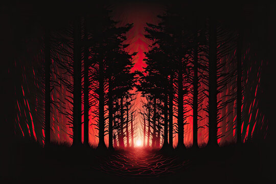 Sunset in a dark forest silhouette background wallpaper tall trees bats generative ai
