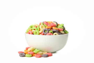 Concept of breakfast food, colorful corn flakes, isolated on white background