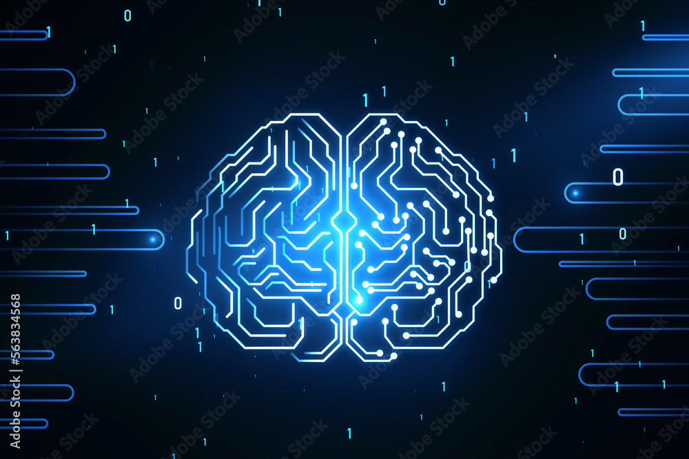Aufkleber Glowing circuit human brain hologram on blurry background with coding. Artificial intelligence, neurology, technology and future concept. 3D Rendering.