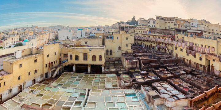 Panoramic view of Traditional tannery in ancient medina of Fez, Morocco