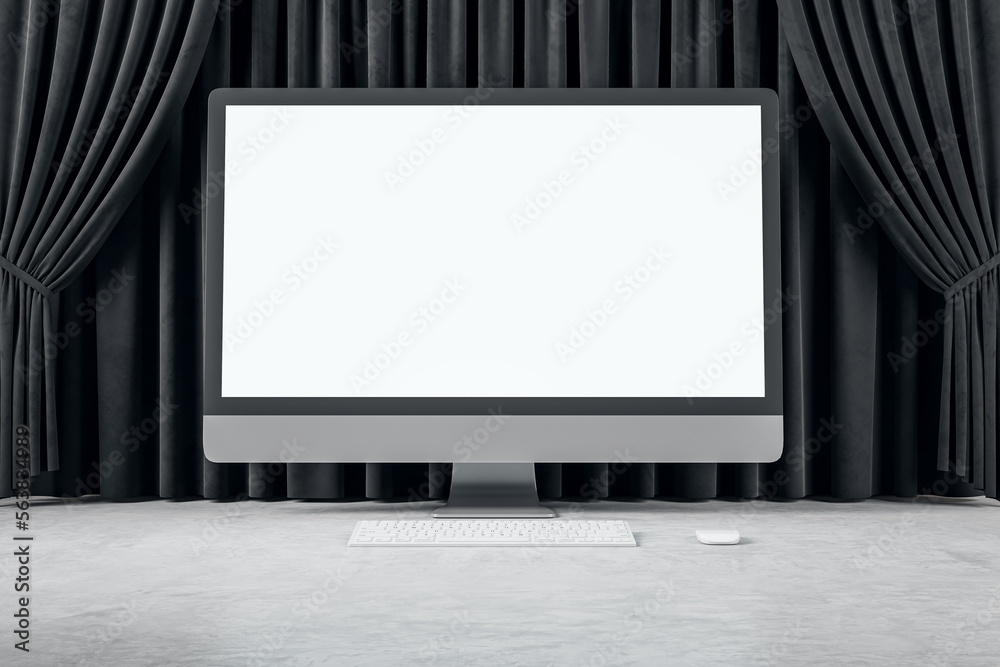 Poster empty white mock up computer monitor, black curtains and concrete flooring. cinema, stage and theate