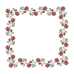 Frame of flowers, roses. Wedding, holiday card. Gift decoration. Beautiful arrangement with a rose. Vector frame.