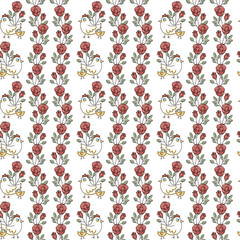 Ornament with roses. Seamless pattern with hen, chick and rose. Cute retro wallpaper. Drawing for fabric. Wall decoration, red rose, gift wrapping.