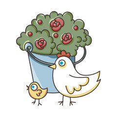 Isolated drawing. Chicken, chicken, bucket, bush, roses, garden, kitchen garden. Cute vector drawing.