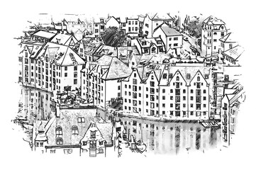 Alesund, Norway. Skyline of the Art Nouveau town, ink sketch illustration.