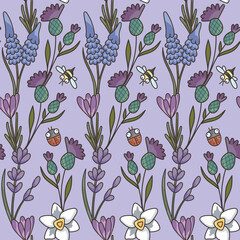 Seamless lavender pattern. Pattern with flowers. Cute childish drawing. Vector illustration, provence, for children, ladybug.