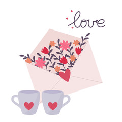 envelop with flowers and couple of cups