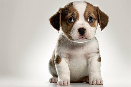 Beaglier. Cute puppy sit and looking. Portrait close-up of a white dog isolated on a white background. Digital Art Painting