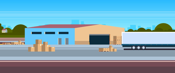 Unloading or loading semi trailer outdoor warehouse and international delivery horizontal banner concept flat vector illustration.