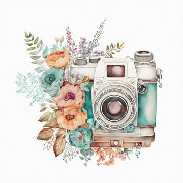 Retro camera in flowers and plants. Hand drawn photo camera. Can be used as print, logo, for cards, wedding invitation. 