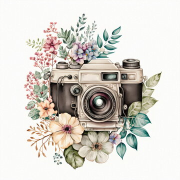 Retro camera in flowers and plants. Hand drawn photo camera. Can be used as print, logo, for cards, wedding invitation. 